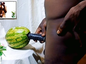 Intense pussy play near sweet watermelons: A solo teen's messy pussy pounding increased by sharing near a female friend.